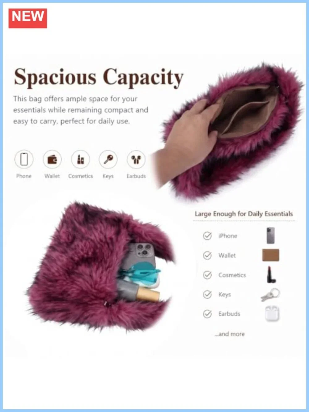 Faux Fur Shoulder Bag Hobo Tote Plush Zip Closure